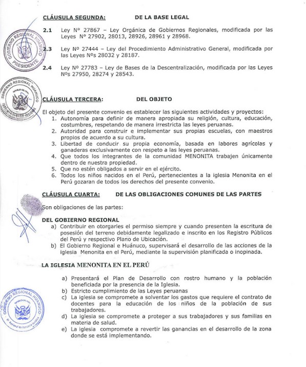 menonitas convenio huanuco