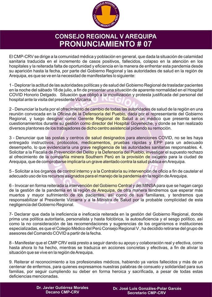 Pronunciamiento Colegio Médico Arequipa